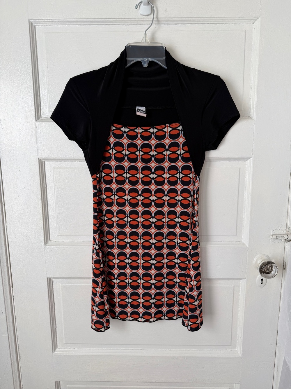 Vintage Teenie Weenie Y2K Geometric Top Black Orange Mod Square Neck Cap Sleeve